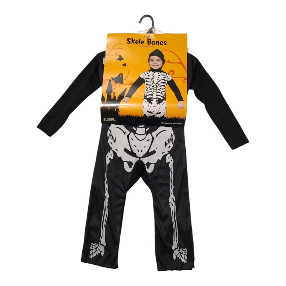 New Rubie's Kid Skeleton Halloween Costume Black White Skele Bones Jumpsuit Hood